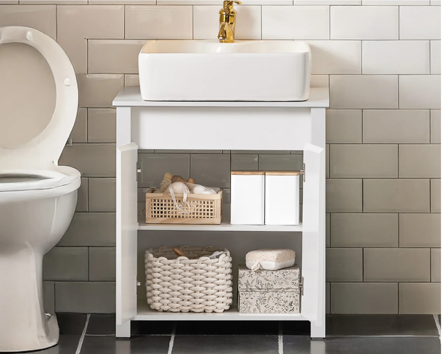 Wastafel Onderkast Badkamer – Witte Badkamerkast met 2 Deuren en Verstelbare Legplank