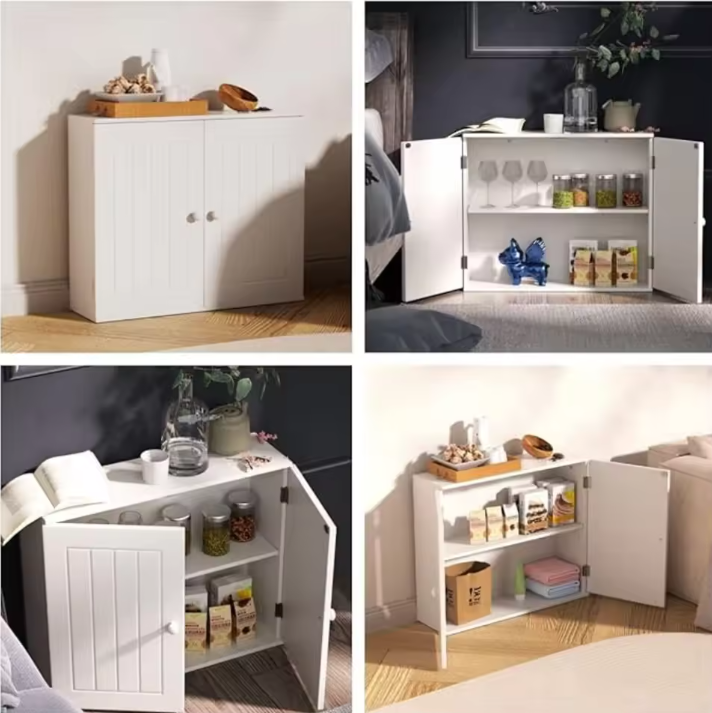 Wandkast / Staande Opbergkast Badkamer en Keuken – Dubbele Deur, Verstelbare Legplank, Wit 60 × 15 × 50 cm