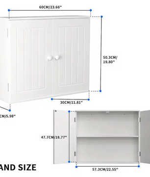 Wandkast / Staande Opbergkast Badkamer en Keuken – Dubbele Deur, Verstelbare Legplank, Wit 60 × 15 × 50 cm