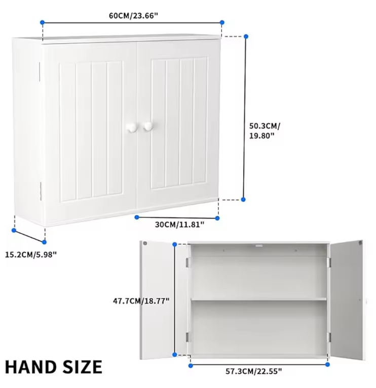 Wandkast / Staande Opbergkast Badkamer en Keuken – Dubbele Deur, Verstelbare Legplank, Wit 60 × 15 × 50 cm