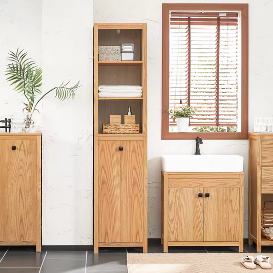 Smalle Hoge Badkamerkast met Wasmand en Open Vakken – Praktisch Opbergmeubel
