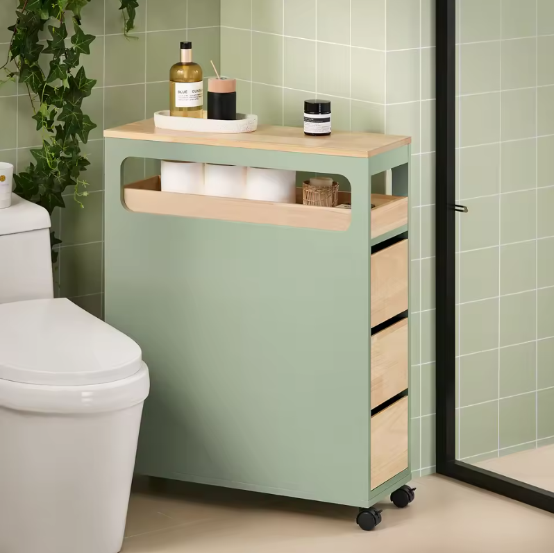Smalle Verrijdbare Nichekast met 3 Lades en Uitneembare Tray – Opbergwagen voor Badkamer en Keuken