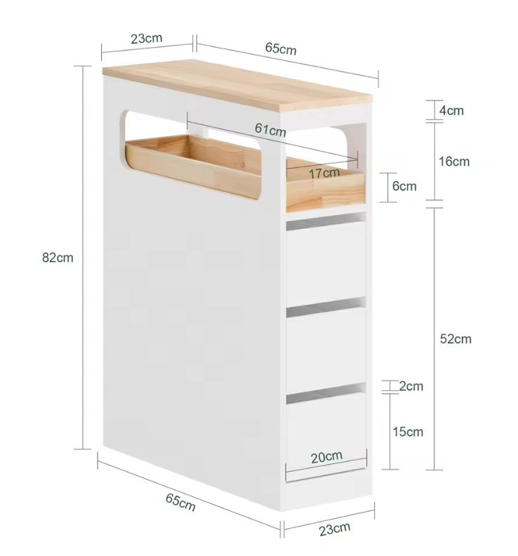 Smalle Verrijdbare Nichekast met 3 Lades en Uitneembare Tray – Opbergwagen voor Badkamer en Keuken