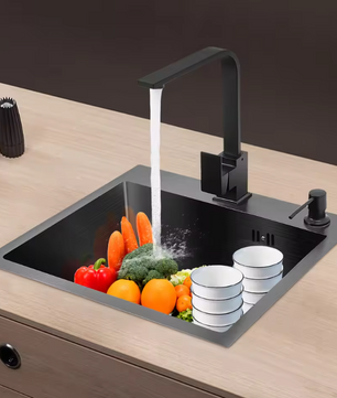 Zwarte RVS Inbouw Spoelbak 45 × 40 cm met Afvoer en Zeepdispenser