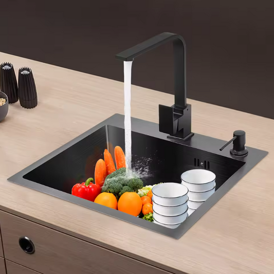 Zwarte RVS Inbouw Spoelbak 45 × 40 cm met Afvoer en Zeepdispenser