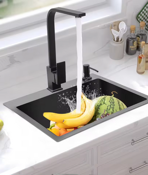 Zwarte RVS Inbouw Spoelbak 45 × 40 cm met Afvoer en Zeepdispenser