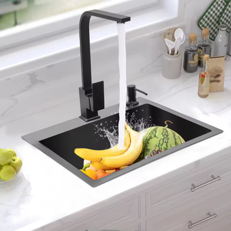 Zwarte RVS Inbouw Spoelbak 45 × 40 cm met Afvoer en Zeepdispenser