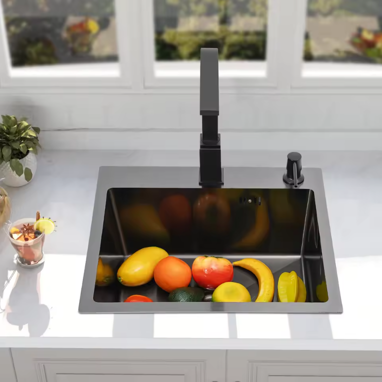 Zwarte RVS Inbouw Spoelbak 45 × 40 cm met Afvoer en Zeepdispenser