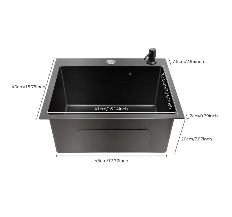 Zwarte RVS Inbouw Spoelbak 45 × 40 cm met Afvoer en Zeepdispenser