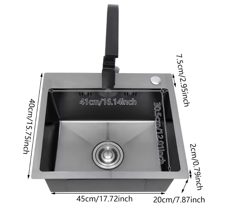 Zwarte RVS Inbouw Spoelbak 45 × 40 cm met Afvoer en Zeepdispenser