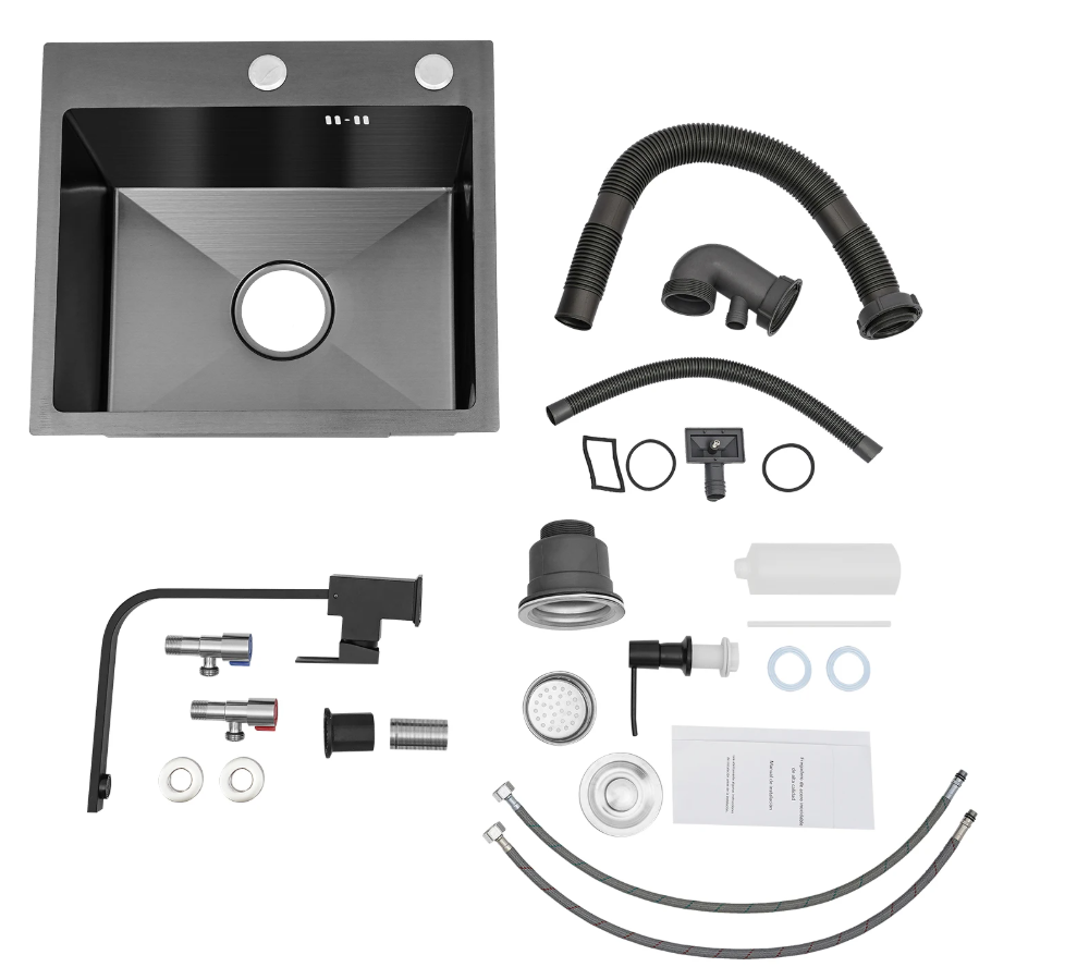 Zwarte RVS Inbouw Spoelbak 45 × 40 cm met Afvoer en Zeepdispenser