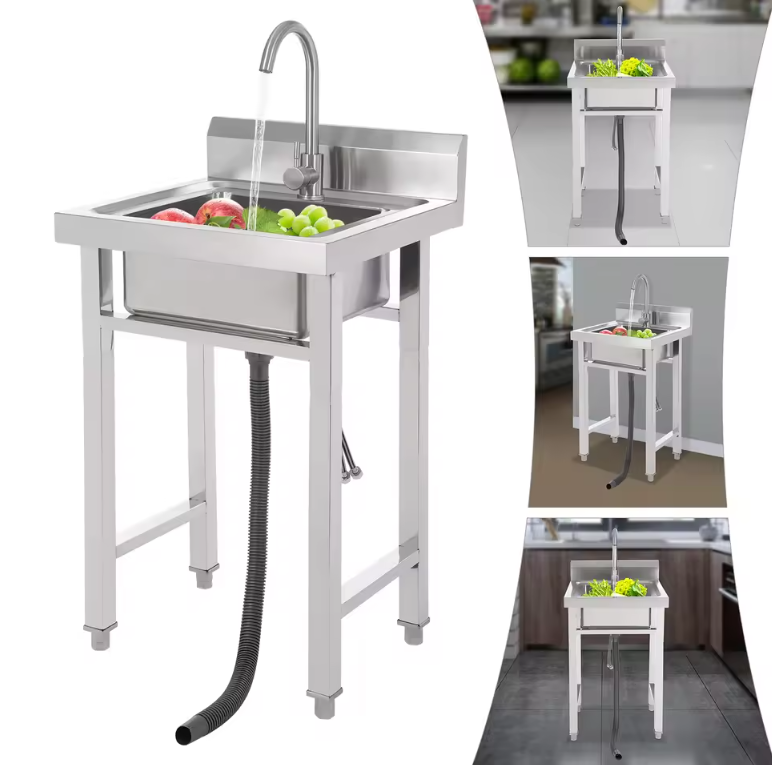 Vrijstaande RVS Commerciële Spoelbak 50 × 50 × 93 cm met Kraan en Filtermand
