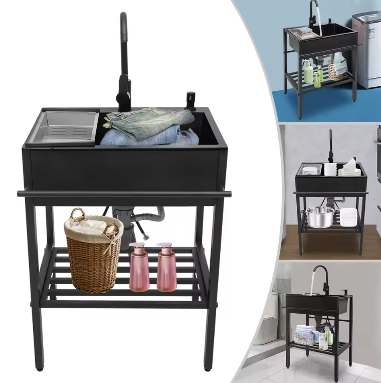Moderne Vrijstaande RVS Keukenspoelbakset Zwart – 60 × 45 × 86 cm