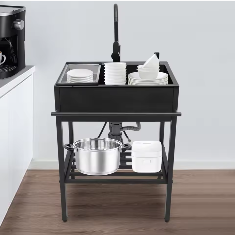 Moderne Vrijstaande RVS Keukenspoelbakset Zwart – 60 × 45 × 86 cm