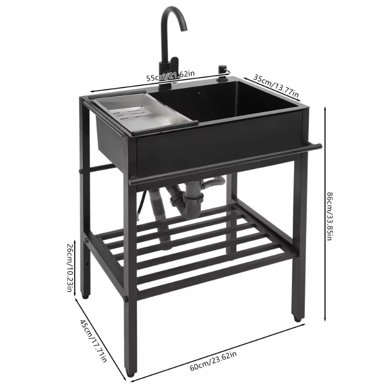 Moderne Vrijstaande RVS Keukenspoelbakset Zwart – 60 × 45 × 86 cm