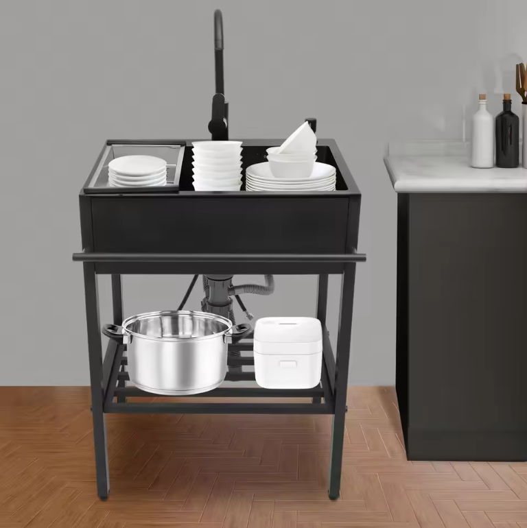 Moderne Vrijstaande RVS Keukenspoelbakset Zwart – 60 × 45 × 86 cm