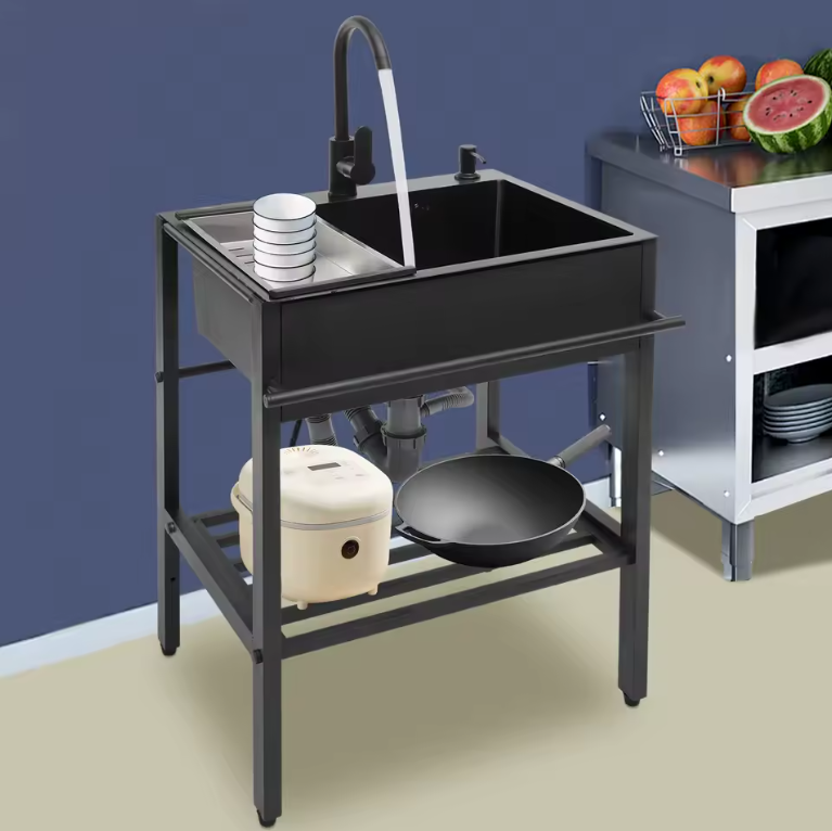Moderne Vrijstaande RVS Keukenspoelbakset Zwart – 60 × 45 × 86 cm