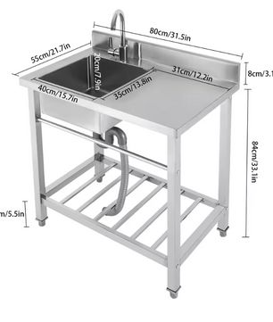 Vrijstaande RVS Spoelbak 80 cm met Onderkast, Kraan en Afvoer