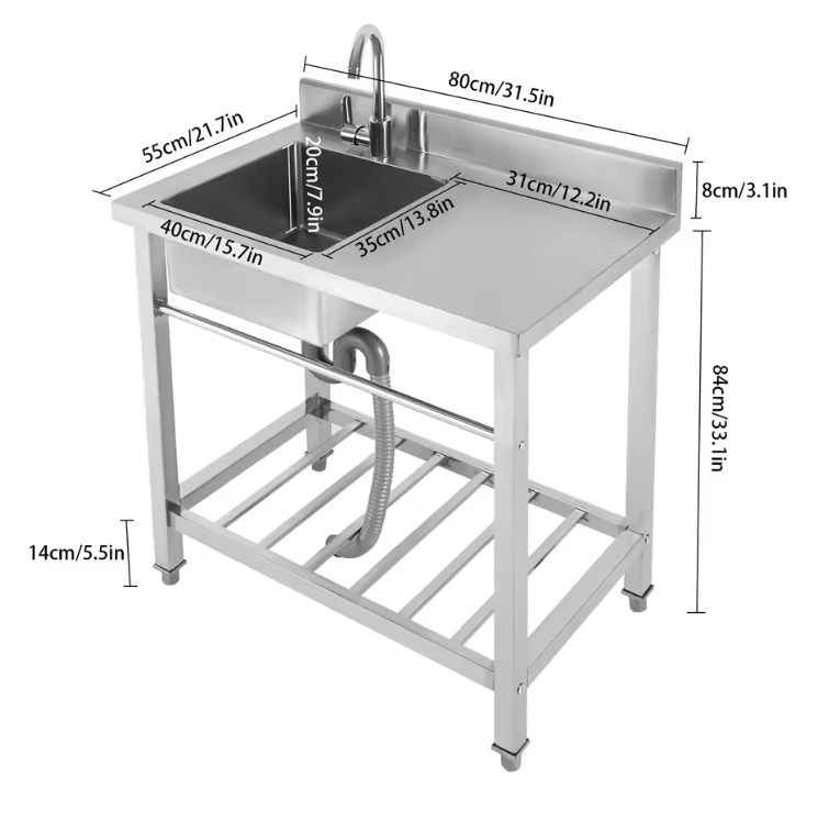 Vrijstaande RVS Spoelbak 80 cm met Onderkast, Kraan en Afvoer