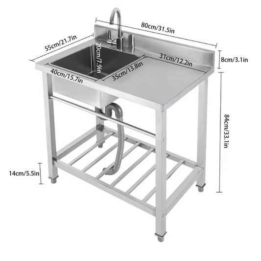Vrijstaande RVS Spoelbak 80 cm met Onderkast, Kraan en Afvoer