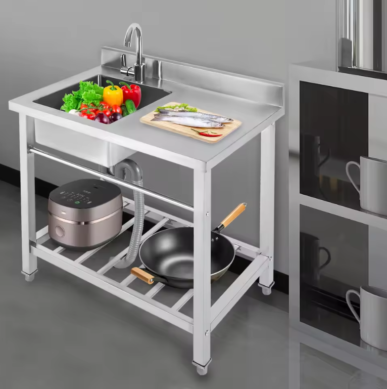 Vrijstaande RVS Spoelbak 80 cm met Onderkast, Kraan en Afvoer