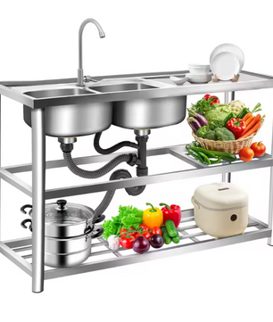 Vrijstaande RVS Commerciële Spoelbak met Dubbele Kom – 120 × 45 × 80 cm