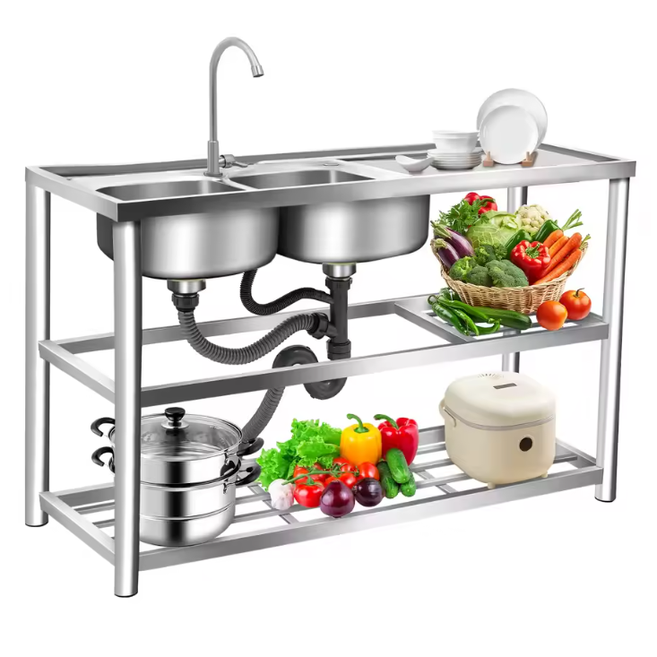Vrijstaande RVS Commerciële Spoelbak met Dubbele Kom – 120 × 45 × 80 cm