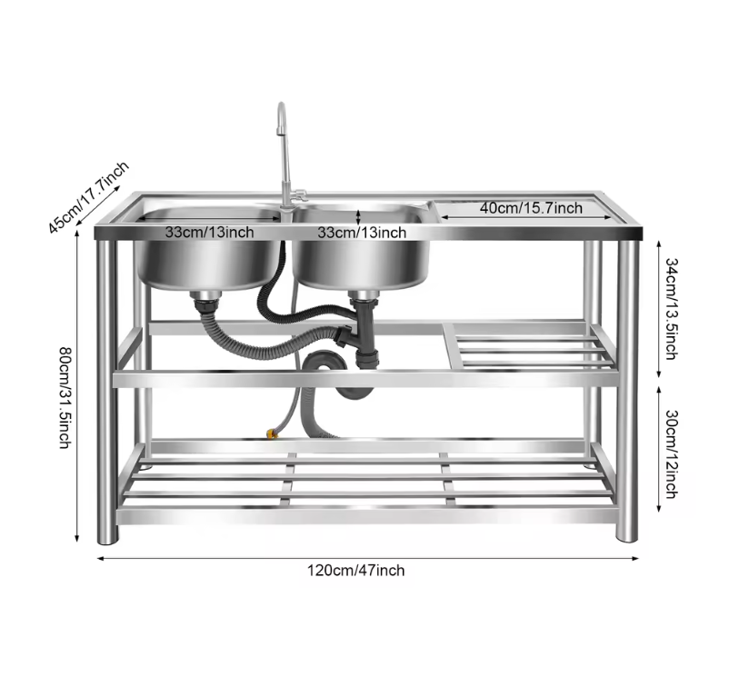Vrijstaande RVS Commerciële Spoelbak met Dubbele Kom – 120 × 45 × 80 cm