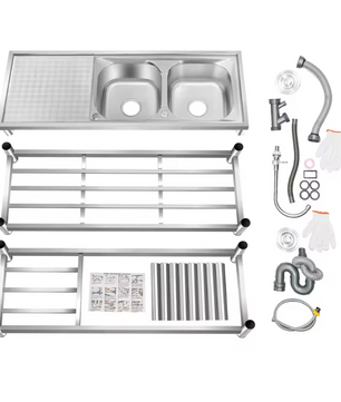Vrijstaande RVS Commerciële Spoelbak met Dubbele Kom – 120 × 45 × 80 cm