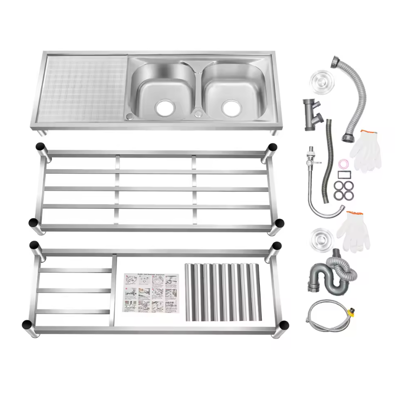 Vrijstaande RVS Commerciële Spoelbak met Dubbele Kom – 120 × 45 × 80 cm