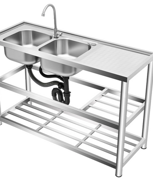 Vrijstaande RVS Commerciële Spoelbak met Dubbele Kom – 120 × 45 × 80 cm