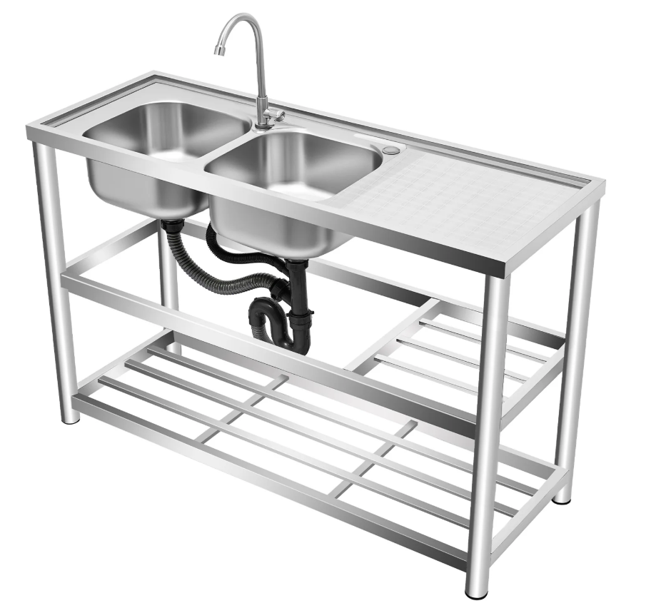 Vrijstaande RVS Commerciële Spoelbak met Dubbele Kom – 120 × 45 × 80 cm