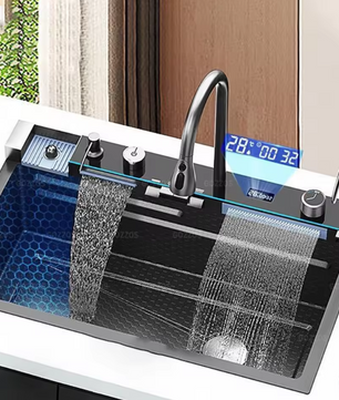 Gouden Multifunctionele Keukenspoelbak met Waterval en Display