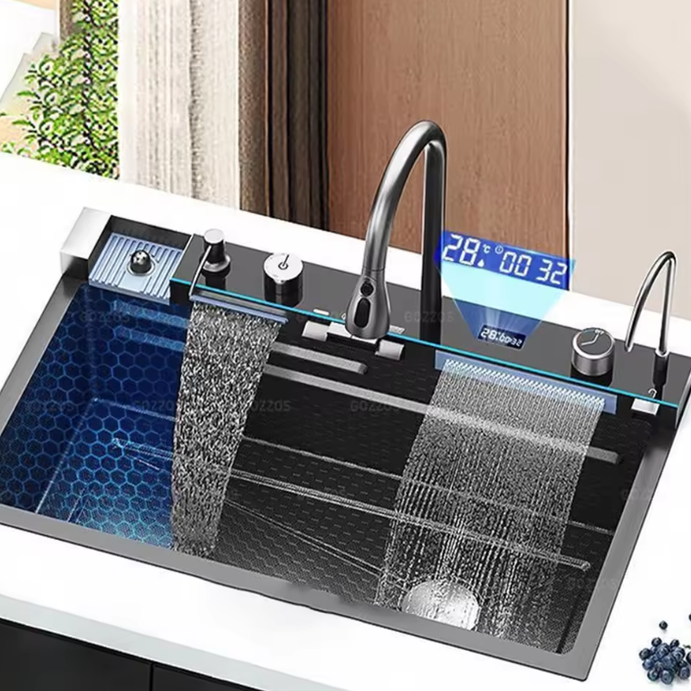 Gouden Multifunctionele Keukenspoelbak met Waterval en Display