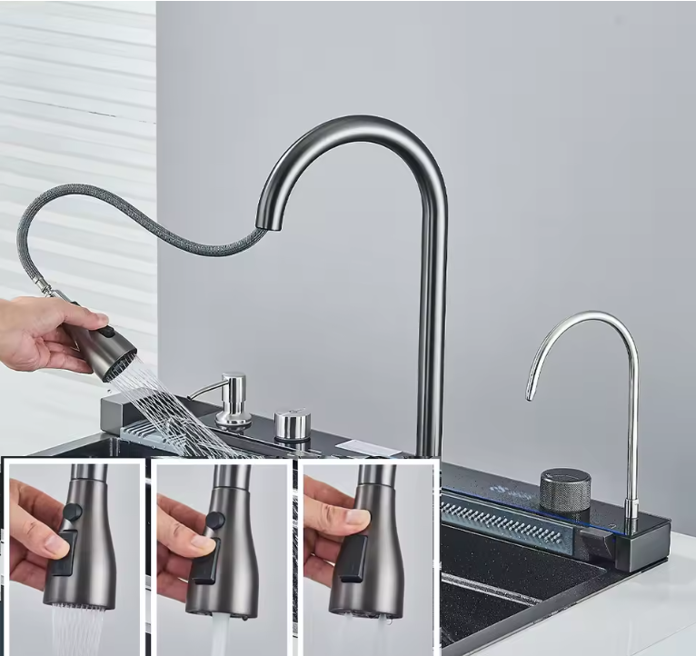 Gouden Multifunctionele Keukenspoelbak met Waterval en Display