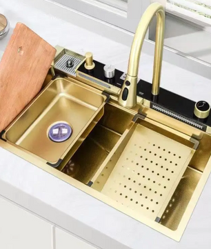 Gouden Multifunctionele Keukenspoelbak met Waterval en Display