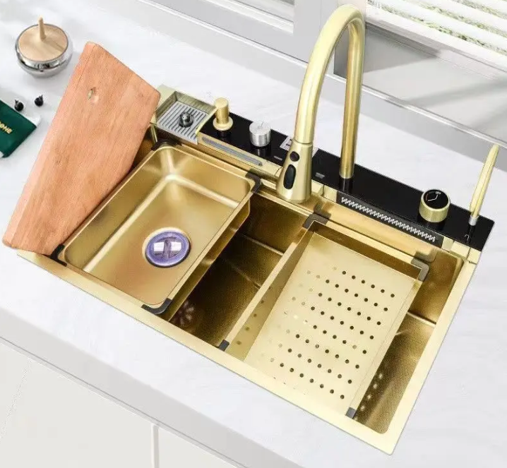 Gouden Multifunctionele Keukenspoelbak met Waterval en Display