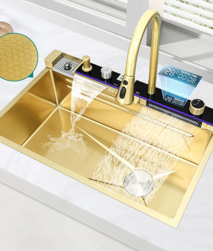 Gouden Multifunctionele Keukenspoelbak met Waterval en Display