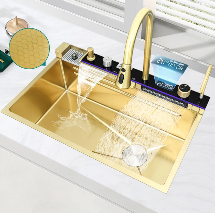 Gouden Multifunctionele Keukenspoelbak met Waterval en Display
