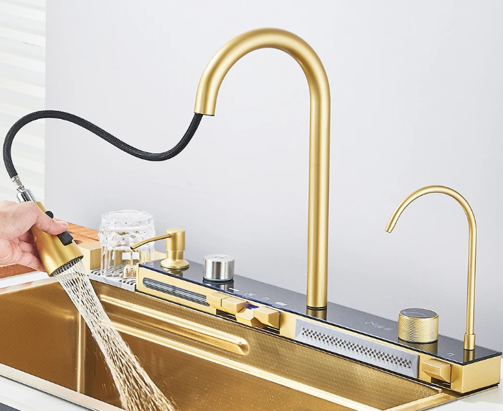 Gouden Multifunctionele Keukenspoelbak met Waterval en Display