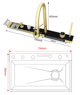 Gouden Multifunctionele Keukenspoelbak met Waterval en Display