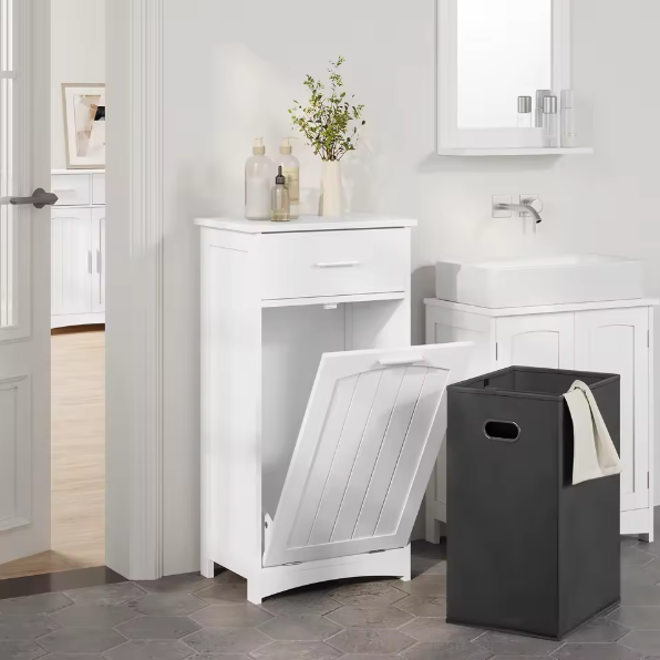 Badkamerkast met Uitklapbare Wasmand en Lade – Smalle Opbergkast