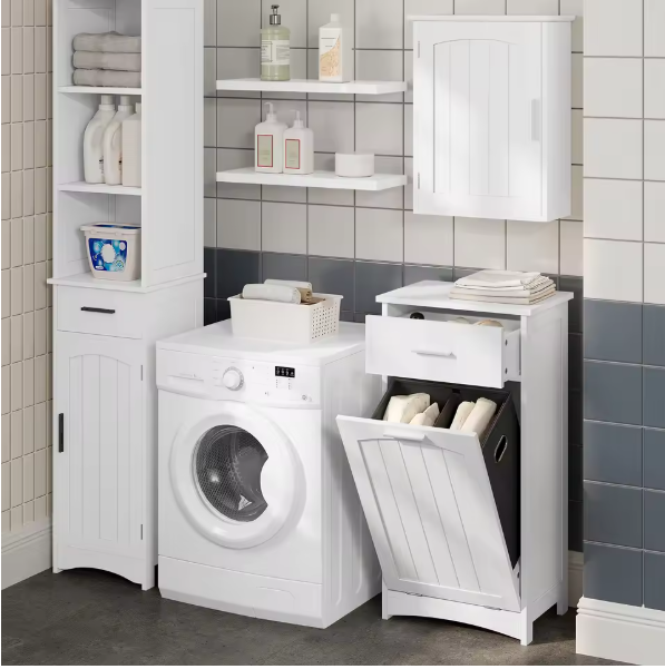 Badkamerkast met Uitklapbare Wasmand en Lade – Smalle Opbergkast