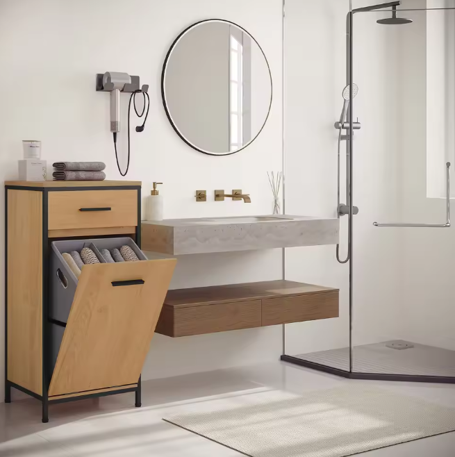 Smalle Badkamerkast met 2 Lades en Uitklapbare Waszak – Toilet Opbergkast