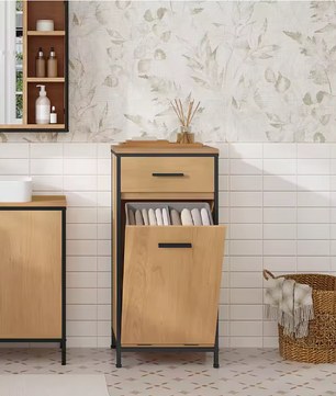 Smalle Badkamerkast met 2 Lades en Uitklapbare Waszak – Toilet Opbergkast