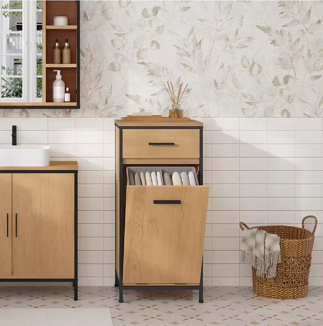 Smalle Badkamerkast met 2 Lades en Uitklapbare Waszak – Toilet Opbergkast