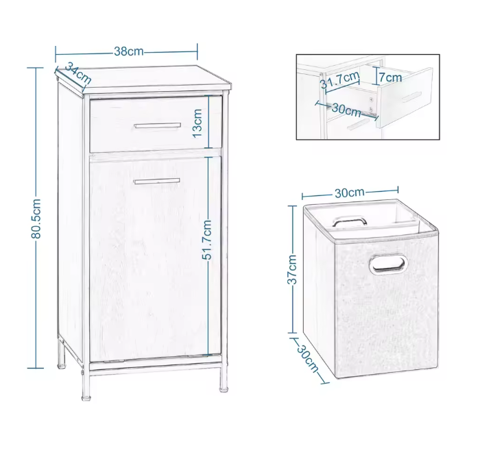 Smalle Badkamerkast met 2 Lades en Uitklapbare Waszak – Toilet Opbergkast