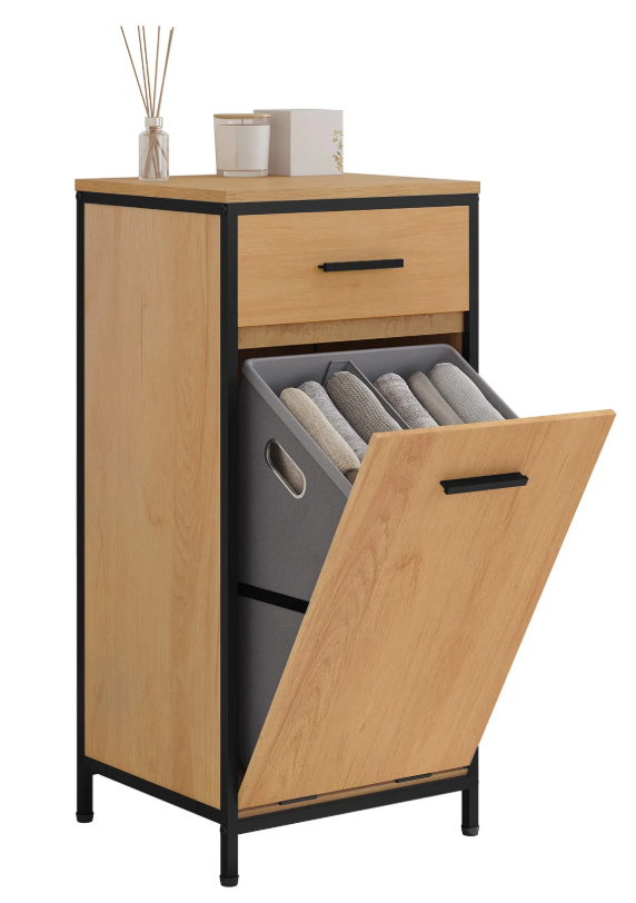 Smalle Badkamerkast met 2 Lades en Uitklapbare Waszak – Toilet Opbergkast