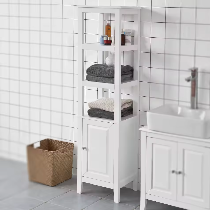 Hoge Badkamerkast met Deur en 3 Open Vakken – Smalle Opbergkast
