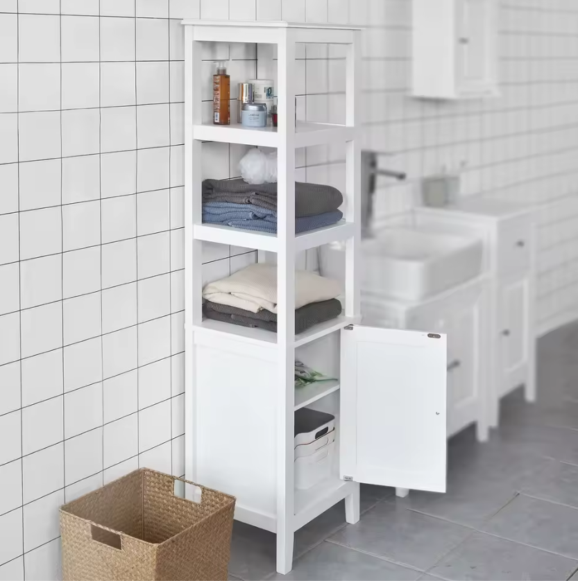 Hoge Badkamerkast met Deur en 3 Open Vakken – Smalle Opbergkast